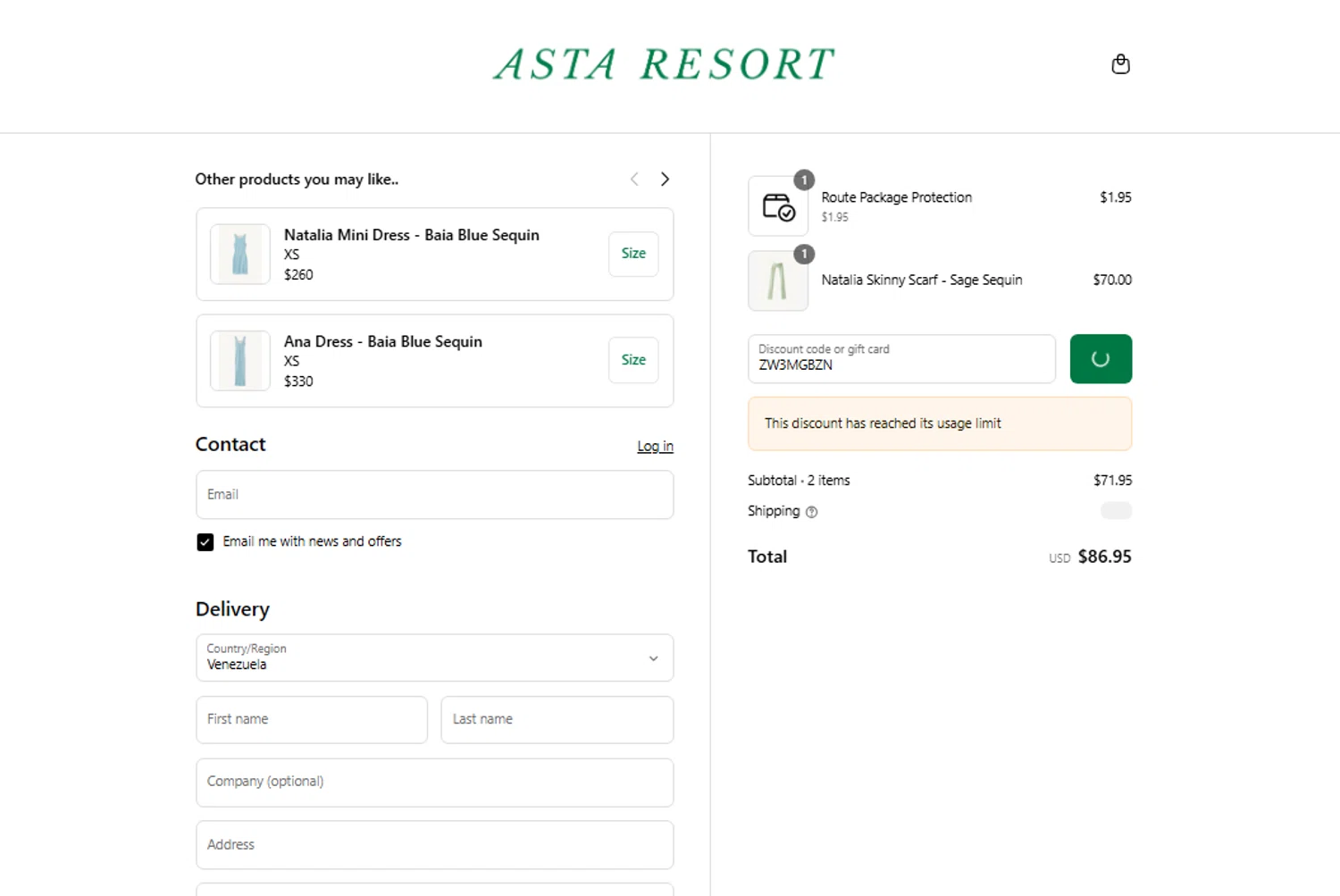 Asta Resort discount code screenshot showing code ZW3MGBZN applied at Asta Resort checkout page. Uploaded by SimplyCodes community member SavingsEagle290 on Aug 21, 2025