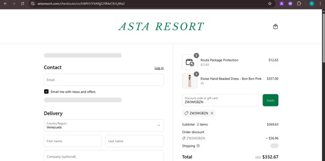 Asta Resort checkout page showing Asta Resort discount code box | Screenshot taken by SimplyCodes community member on Aug 17, 2025