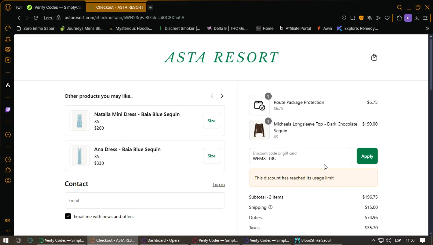 Asta Resort discount code screenshot showing code WFMXTT8C applied at Asta Resort checkout page. Uploaded by SimplyCodes community member ExtraordinaryPhoenix3689 on Aug 21, 2025