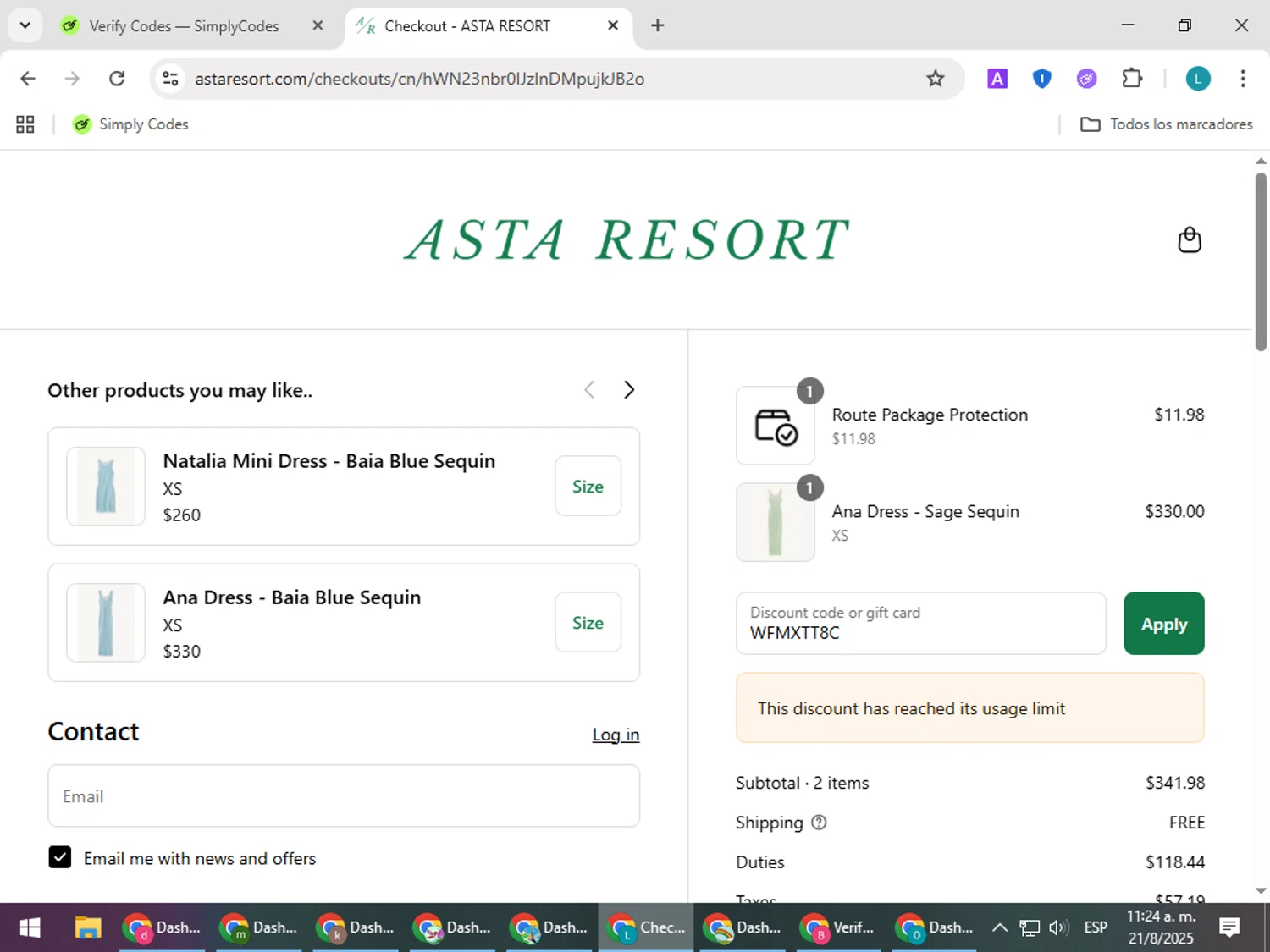 Asta Resort discount code screenshot showing code WFMXTT8C applied at Asta Resort checkout page. Uploaded by SimplyCodes community member LuckyLegend792 on Aug 21, 2025