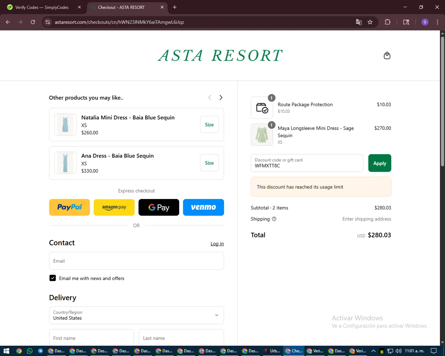 Asta Resort discount code screenshot showing code WFMXTT8C applied at Asta Resort checkout page. Uploaded by SimplyCodes community member LuckyVoyager688 on Aug 21, 2025