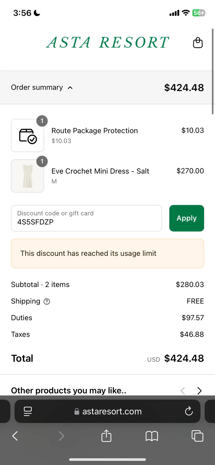 Asta Resort discount code screenshot showing code 4S5SFDZP applied at Asta Resort checkout page. Uploaded by SimplyCodes community member ANDREWW on Aug 25, 2025