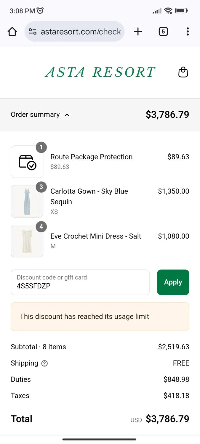 Asta Resort discount code screenshot showing code 4S5SFDZP applied at Asta Resort checkout page. Uploaded by SimplyCodes community member Arambulet on Aug 25, 2025