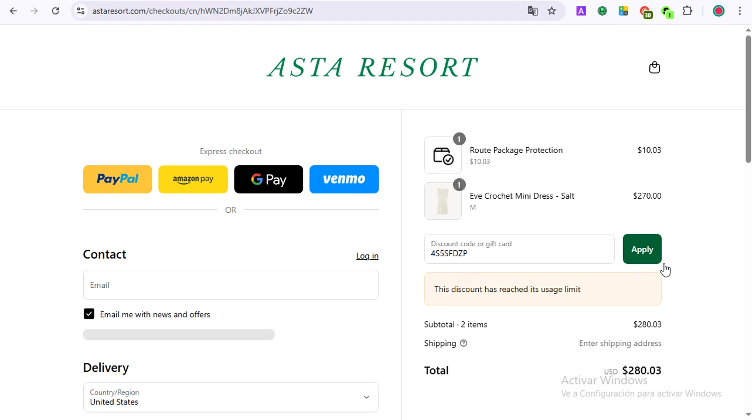 Asta Resort discount code screenshot showing code 4S5SFDZP applied at Asta Resort checkout page. Uploaded by SimplyCodes community member GoldAce5838 on Aug 25, 2025