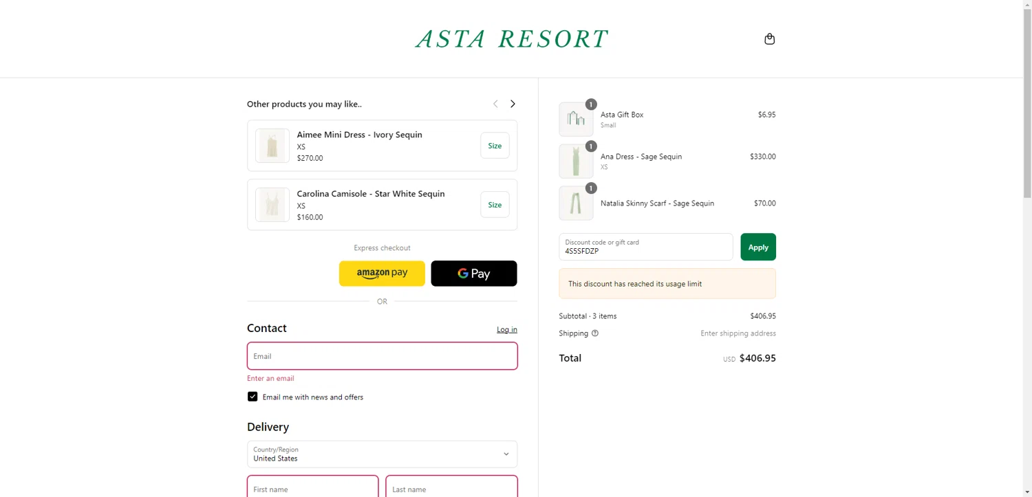 Asta Resort discount code screenshot showing code 4S5SFDZP applied at Asta Resort checkout page. Uploaded by SimplyCodes community member ValiantAce1810 on Aug 25, 2025