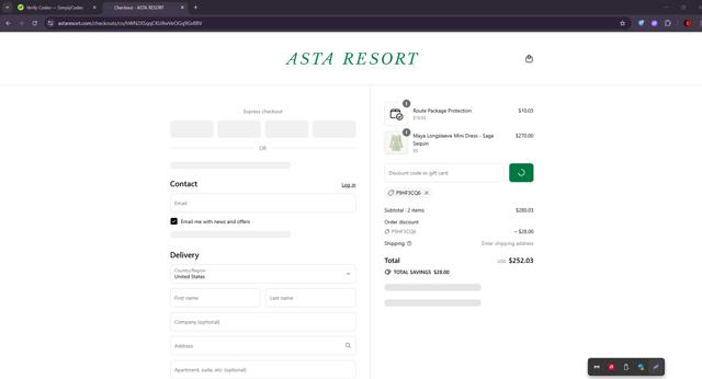 Asta Resort checkout page showing Asta Resort discount code box | Screenshot taken by SimplyCodes community member on Sep 3, 2025