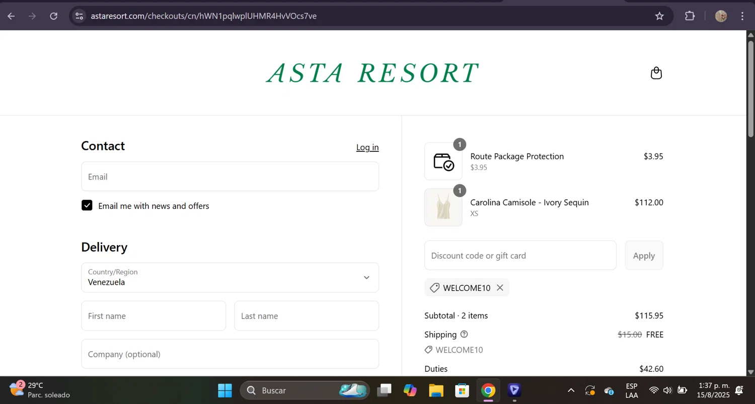 Asta Resort discount code screenshot showing code WELCOME10 applied at Asta Resort checkout page. Uploaded by SimplyCodes community member sofihernandezz on Aug 15, 2025