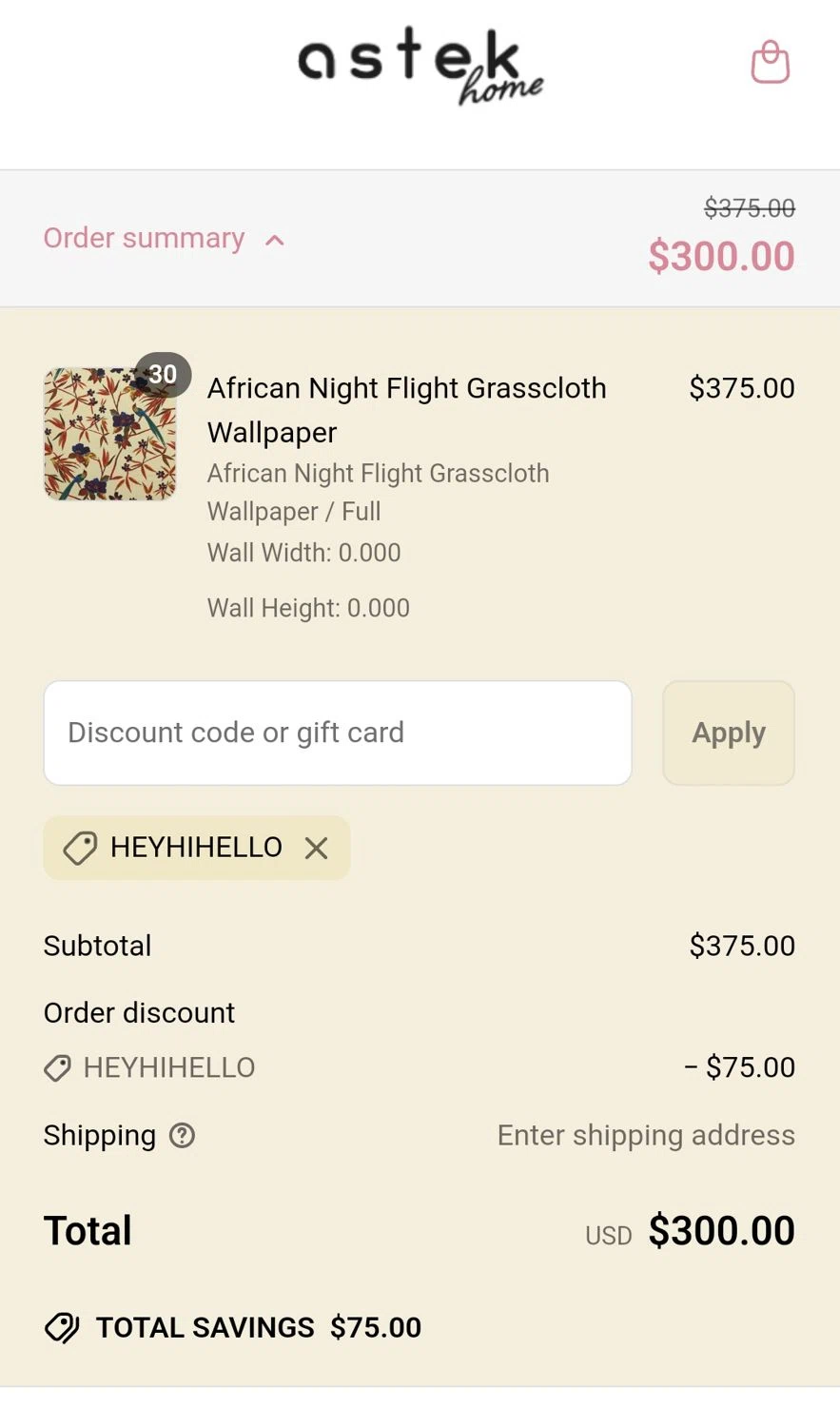 Astek Home discount code screenshot showing code heyhihello applied at Astek Home checkout page. Uploaded by SimplyCodes community member Kaylaytone on Apr 20, 2025