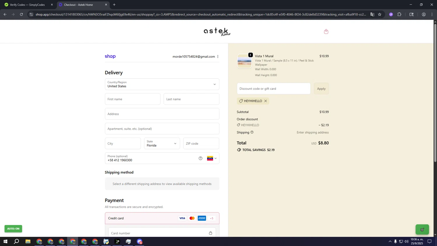 Astek Home discount code screenshot showing code heyhihello applied at Astek Home checkout page. Uploaded by SimplyCodes community member sssssssssssssssssssssssss on Sep 25, 2025