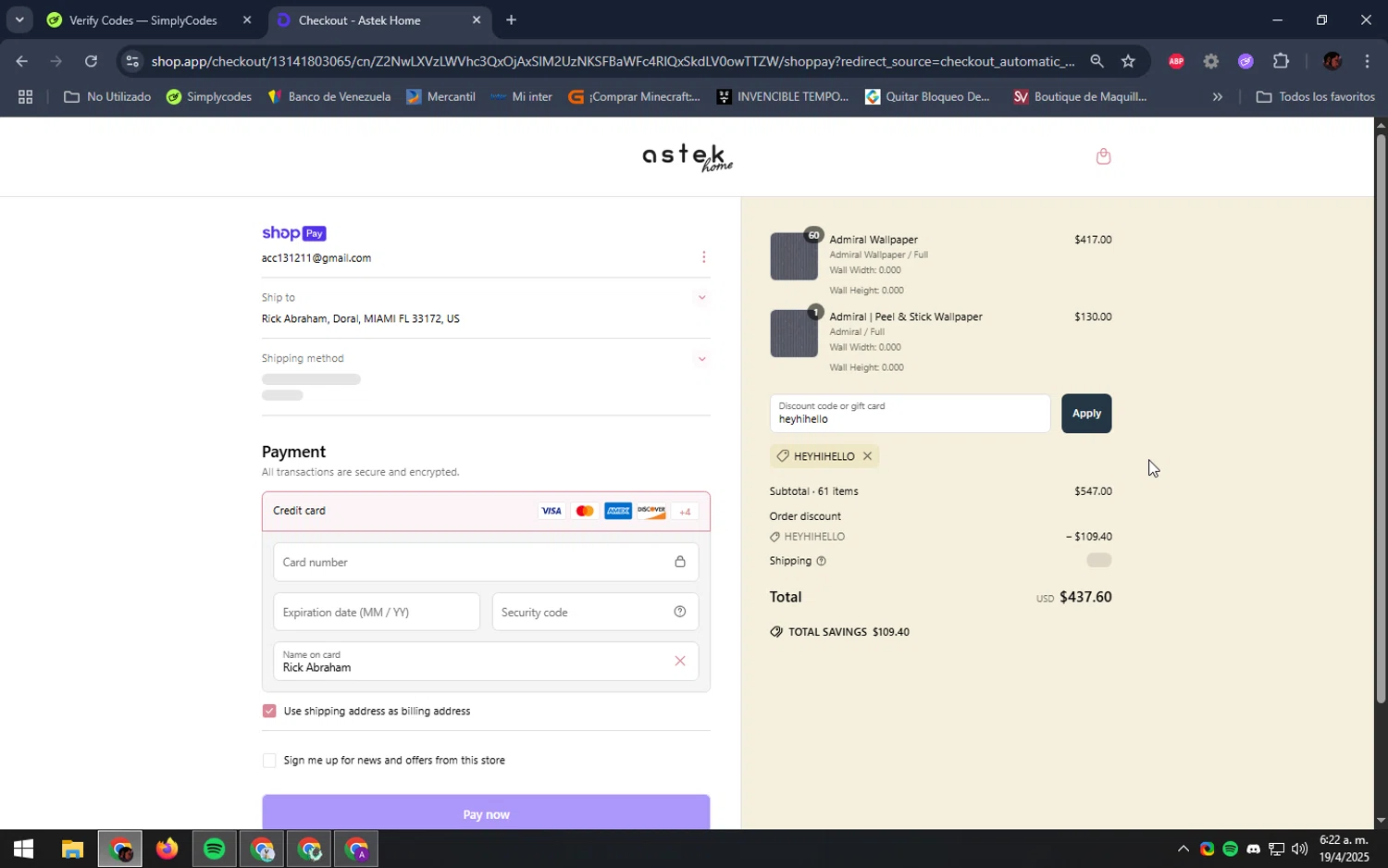 Astek Home discount code screenshot showing code heyhihello applied at Astek Home checkout page. Uploaded by SimplyCodes community member DealEagle493 on Apr 19, 2025