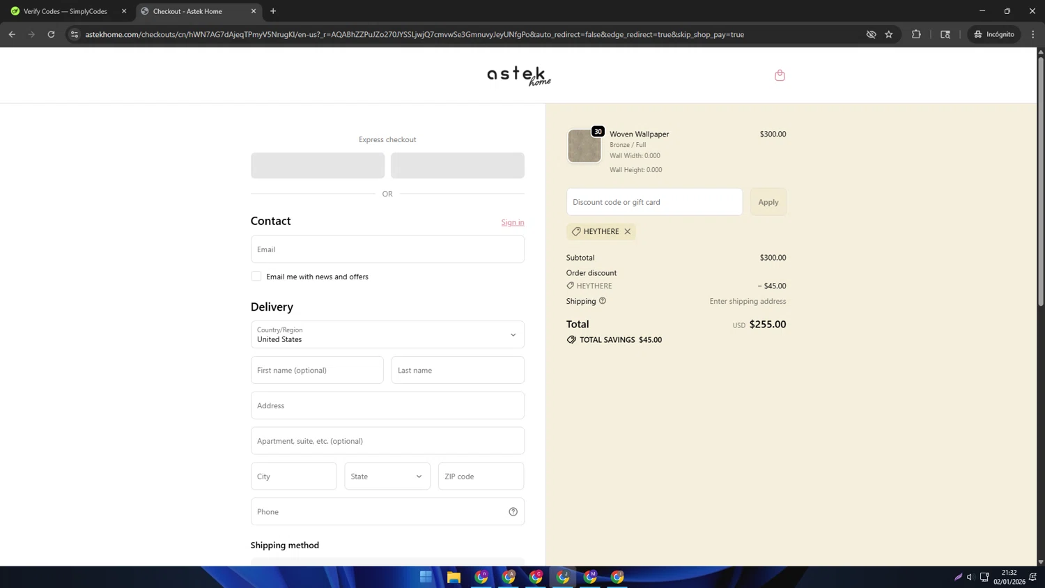 Astek Home discount code screenshot showing code HEYTHERE applied at Astek Home checkout page. Uploaded by SimplyCodes community member AVATIGRITO on Jan 3, 2026