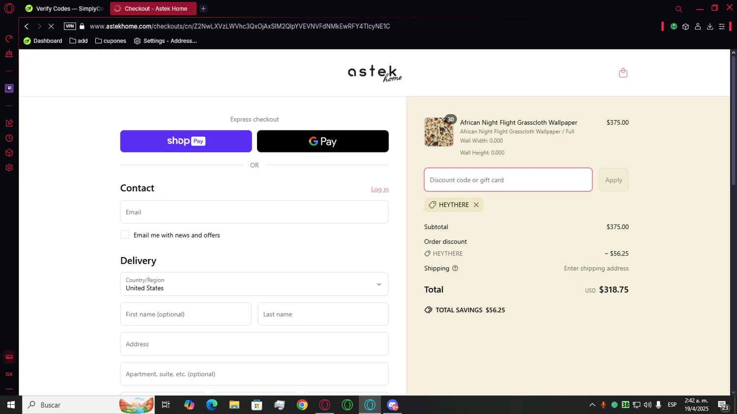 Astek Home discount code screenshot showing code HEYTHERE applied at Astek Home checkout page. Uploaded by SimplyCodes community member Mortek on Apr 19, 2025