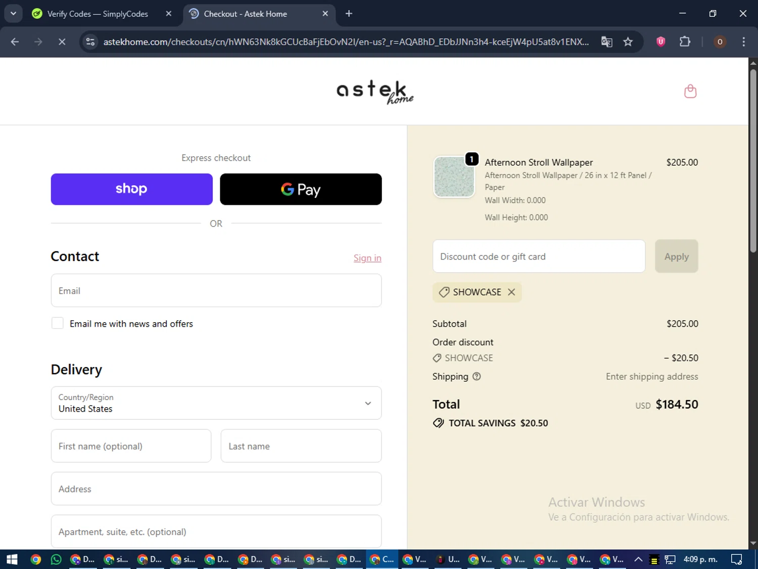 Astek Home discount code screenshot showing code SHOWCASE applied at Astek Home checkout page. Uploaded by SimplyCodes community member LegendaryAdmiral8649 on Dec 4, 2025