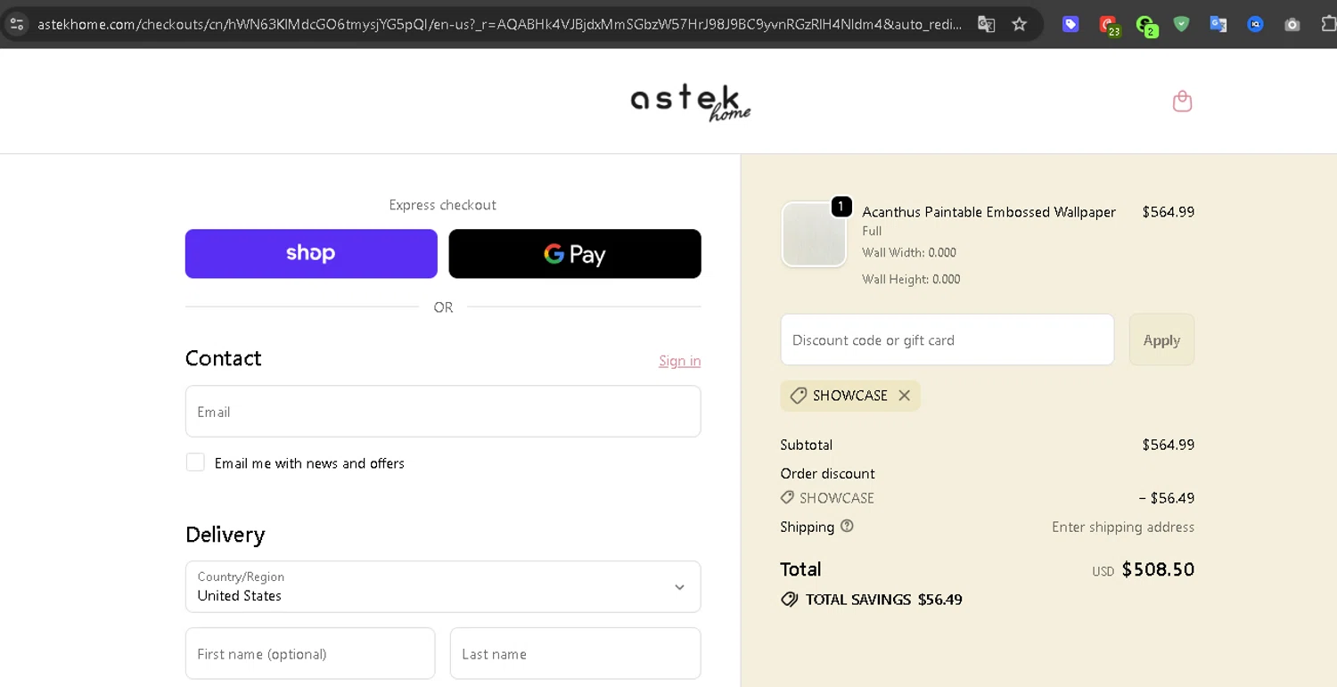 Astek Home discount code screenshot showing code SHOWCASE applied at Astek Home checkout page. Uploaded by SimplyCodes community member Serdanvz on Dec 4, 2025