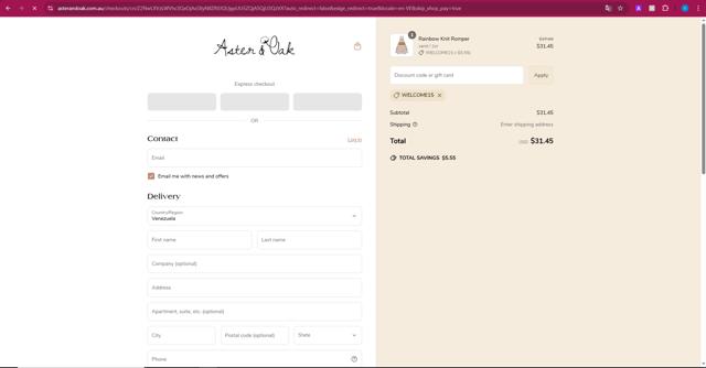 Aster & Oak checkout page showing Aster & Oak promo code box | Screenshot taken by SimplyCodes community member on Apr 5, 2025