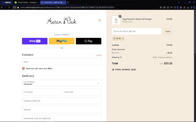 Aster & Oak checkout page showing Aster & Oak promo code box | Screenshot taken by SimplyCodes community member on Feb 23, 2025