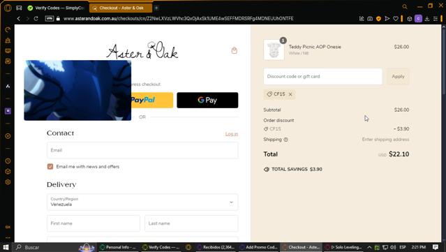 Aster & Oak checkout page showing Aster & Oak promo code box | Screenshot taken by SimplyCodes community member on Feb 23, 2025