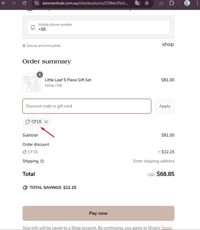 Aster & Oak checkout page showing Aster & Oak promo code box | Screenshot taken by SimplyCodes community member on Apr 5, 2025