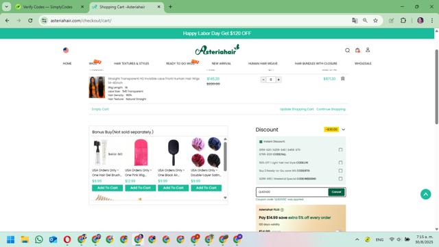 Asteria Hair checkout page showing Asteria Hair coupon code box | Screenshot taken by SimplyCodes community member on Aug 30, 2025