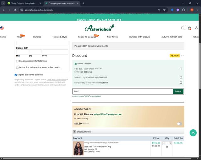 Asteria Hair checkout page showing Asteria Hair coupon code box | Screenshot taken by SimplyCodes community member on Sep 9, 2025