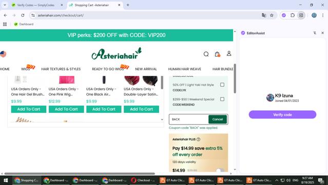 Asteria Hair checkout page showing Asteria Hair coupon code box | Screenshot taken by SimplyCodes community member on Aug 19, 2025