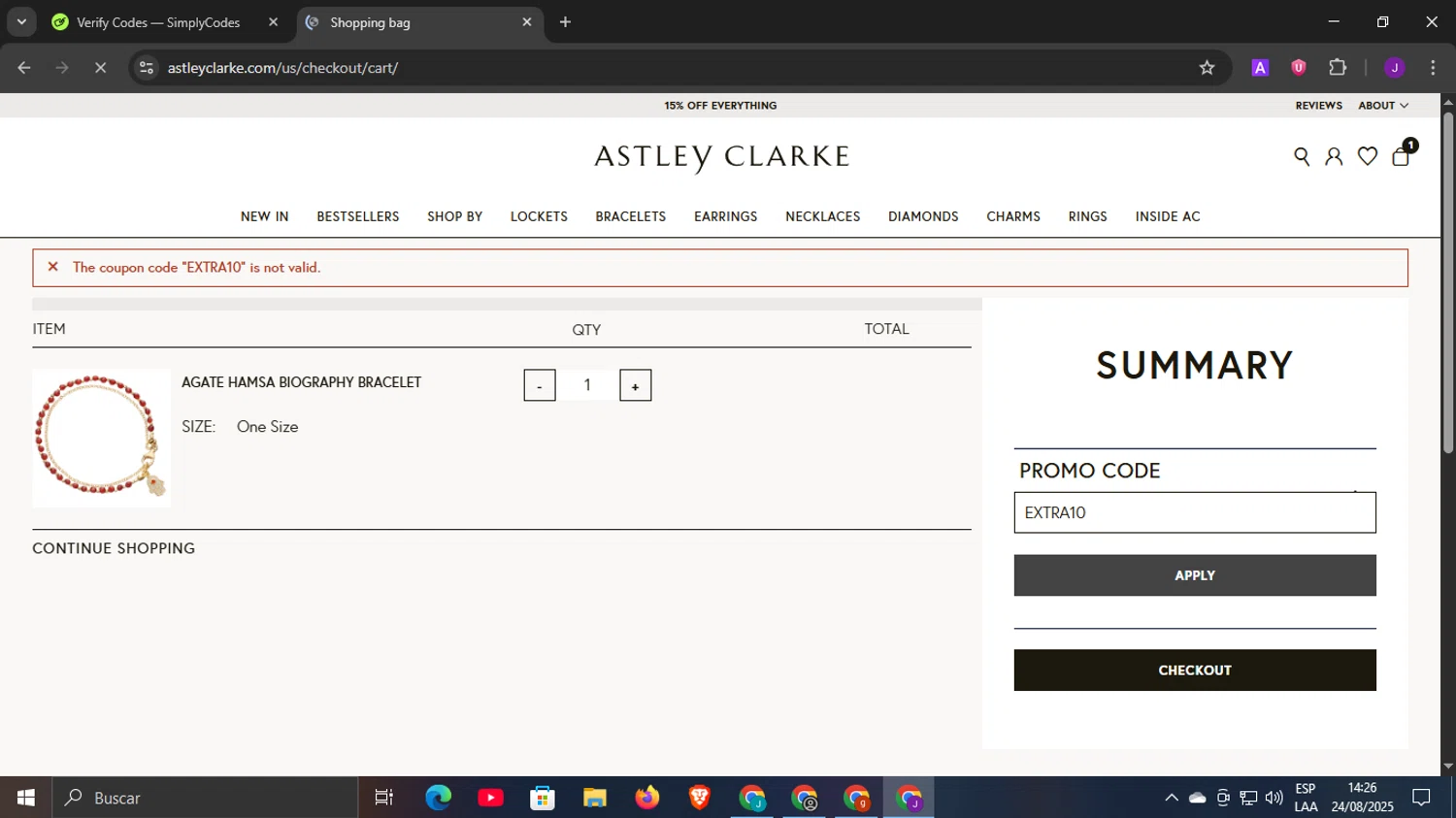 Astley Clarke promo code screenshot showing code EXTRA10 applied at Astley Clarke checkout page. Uploaded by SimplyCodes community member DiscountLegend6670 on Aug 24, 2025