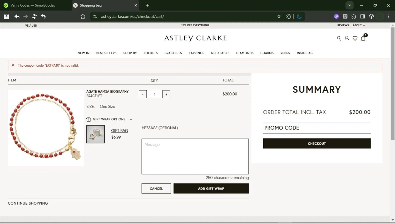 Astley Clarke promo code screenshot showing code EXTRA10 applied at Astley Clarke checkout page. Uploaded by SimplyCodes community member RewardMonarch1185 on Aug 24, 2025
