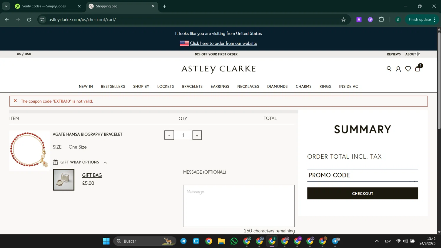Astley Clarke promo code screenshot showing code EXTRA10 applied at Astley Clarke checkout page. Uploaded by SimplyCodes community member SaleHunter9008 on Aug 24, 2025