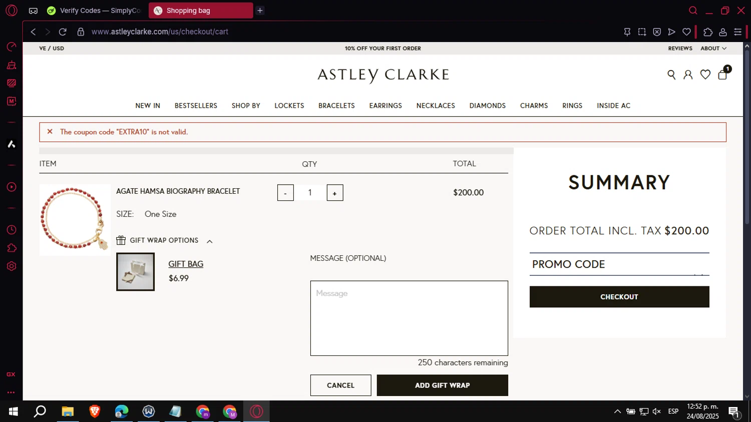 Astley Clarke promo code screenshot showing code EXTRA10 applied at Astley Clarke checkout page. Uploaded by SimplyCodes community member VoucherCollector3778 on Aug 24, 2025