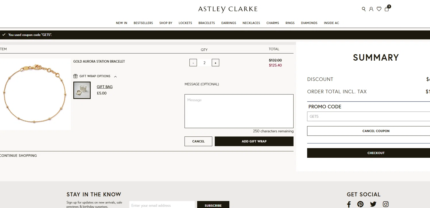 Astley Clarke promo code screenshot showing code GET5 applied at Astley Clarke checkout page. Uploaded by SimplyCodes community member Kmacho on Apr 21, 2025