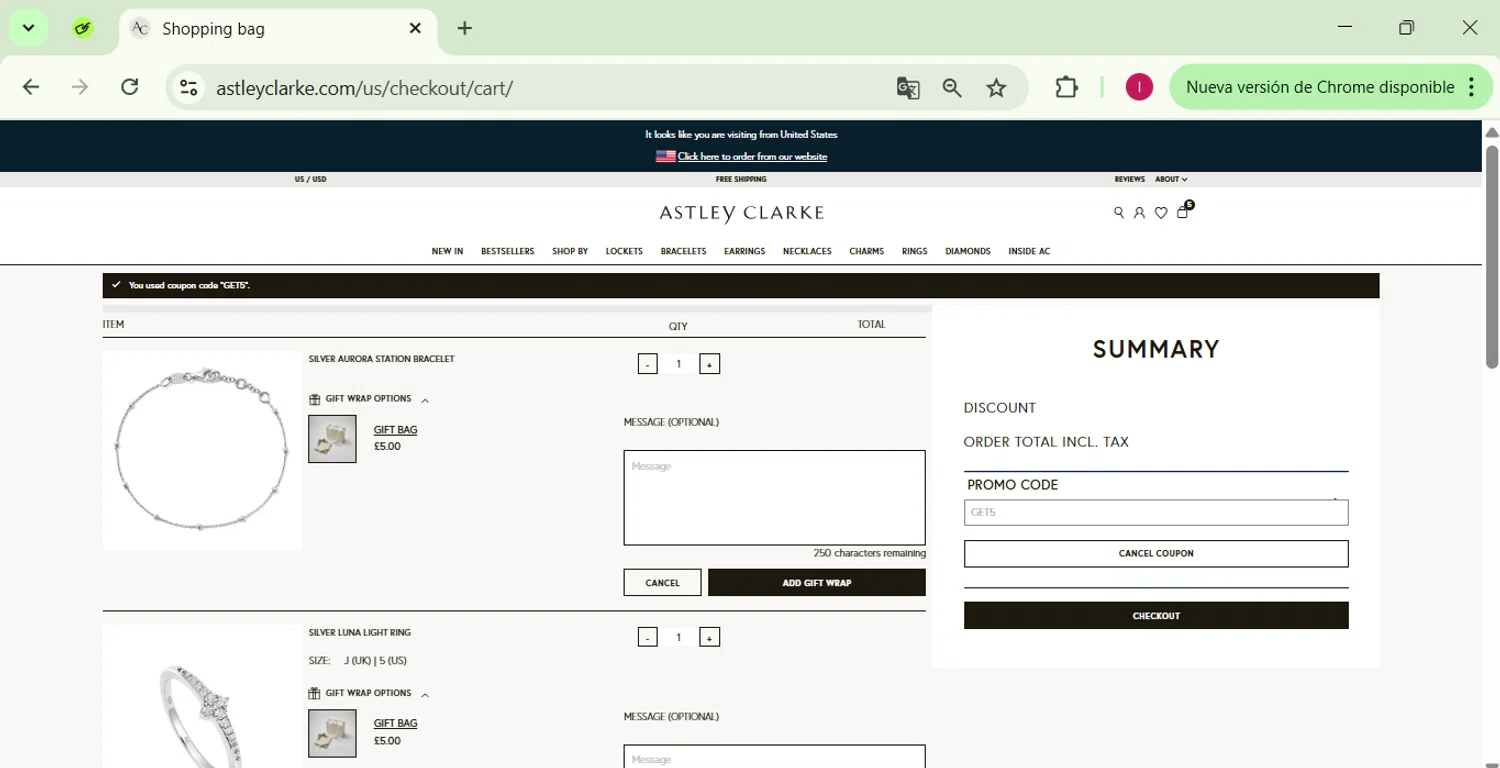 Astley Clarke promo code screenshot showing code GET5 applied at Astley Clarke checkout page. Uploaded by SimplyCodes community member SavingsPhoenix2740 on Apr 21, 2025