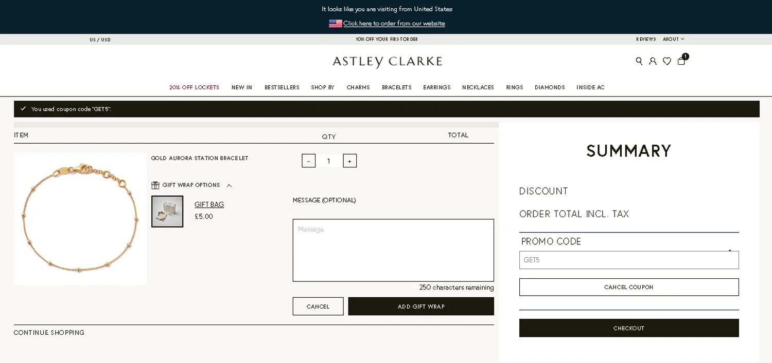 Astley Clarke promo code screenshot showing code GET5 applied at Astley Clarke checkout page. Uploaded by SimplyCodes community member MoneyHunter5624 on Mar 23, 2025