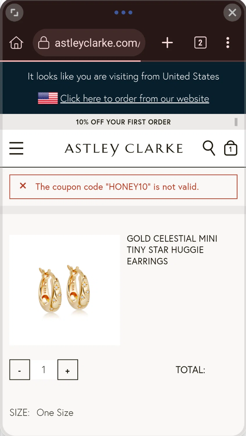 Astley Clarke promo code screenshot showing code HONEY10 applied at Astley Clarke checkout page. Uploaded by SimplyCodes community member GumballWatterson on May 30, 2025