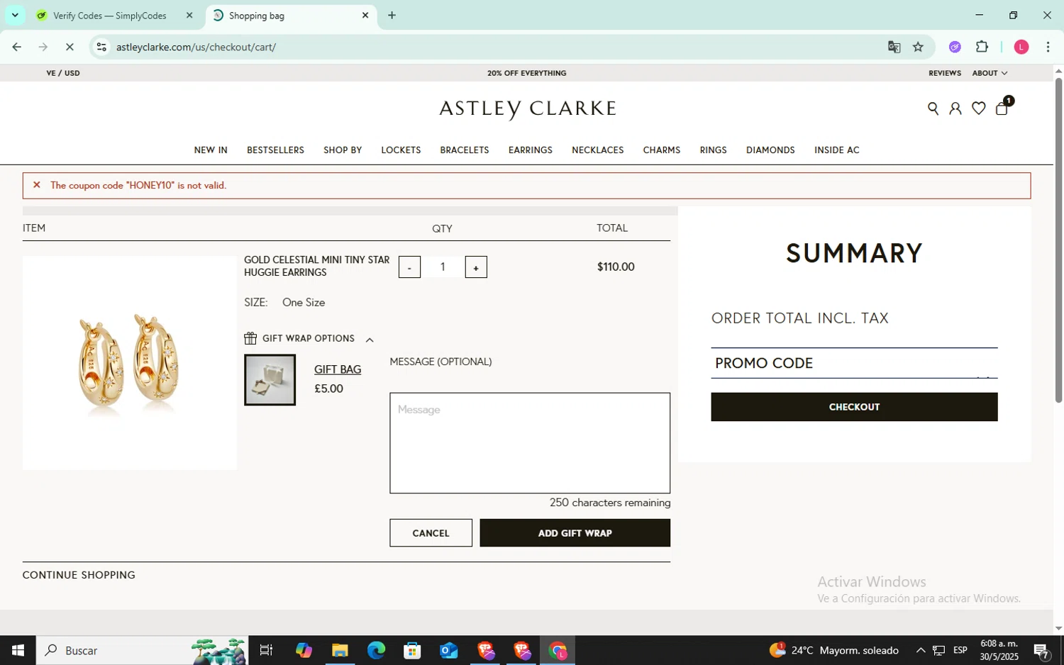 Astley Clarke promo code screenshot showing code HONEY10 applied at Astley Clarke checkout page. Uploaded by SimplyCodes community member SilverFox3257 on May 30, 2025