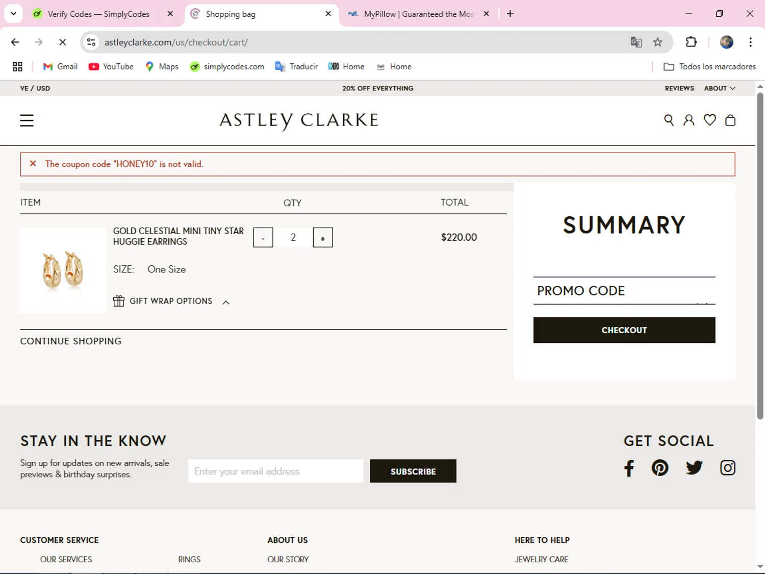 Astley Clarke promo code screenshot showing code HONEY10 applied at Astley Clarke checkout page. Uploaded by SimplyCodes community member The_Goat7 on May 30, 2025