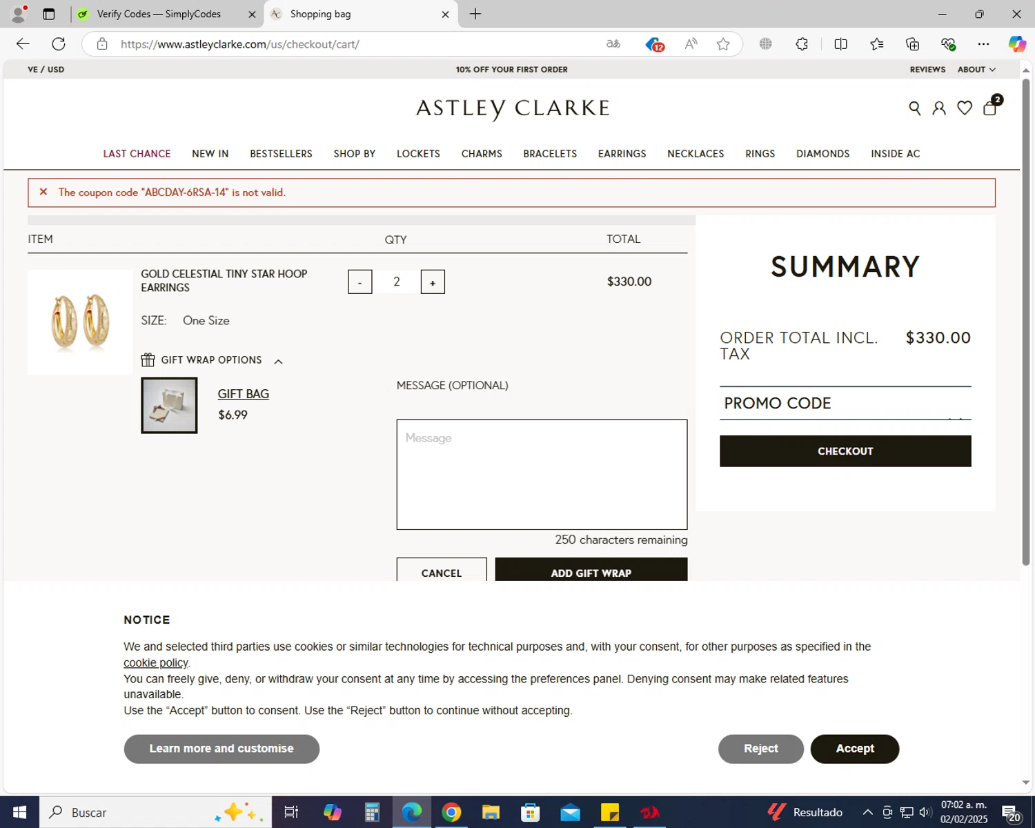 Astley Clarke promo code screenshot showing code ABCDAY-6RSA-14 applied at Astley Clarke checkout page. Uploaded by SimplyCodes community member jhoanDepp on Feb 2, 2025