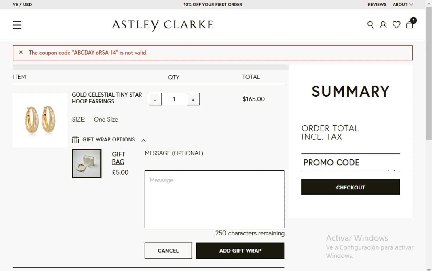 Astley Clarke promo code screenshot showing code ABCDAY-6RSA-14 applied at Astley Clarke checkout page. Uploaded by SimplyCodes community member toti2222 on Feb 2, 2025