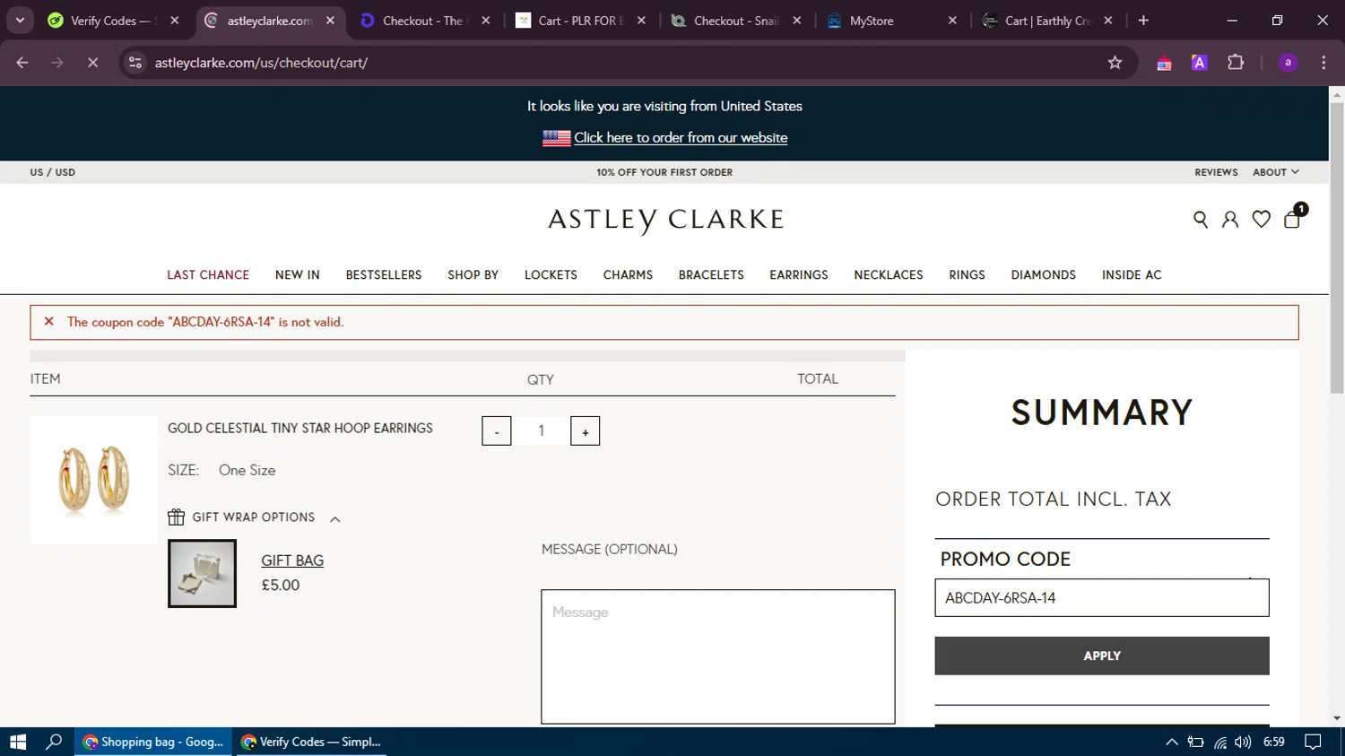Astley Clarke promo code screenshot showing code ABCDAY-6RSA-14 applied at Astley Clarke checkout page. Uploaded by SimplyCodes community member thethru on Feb 2, 2025