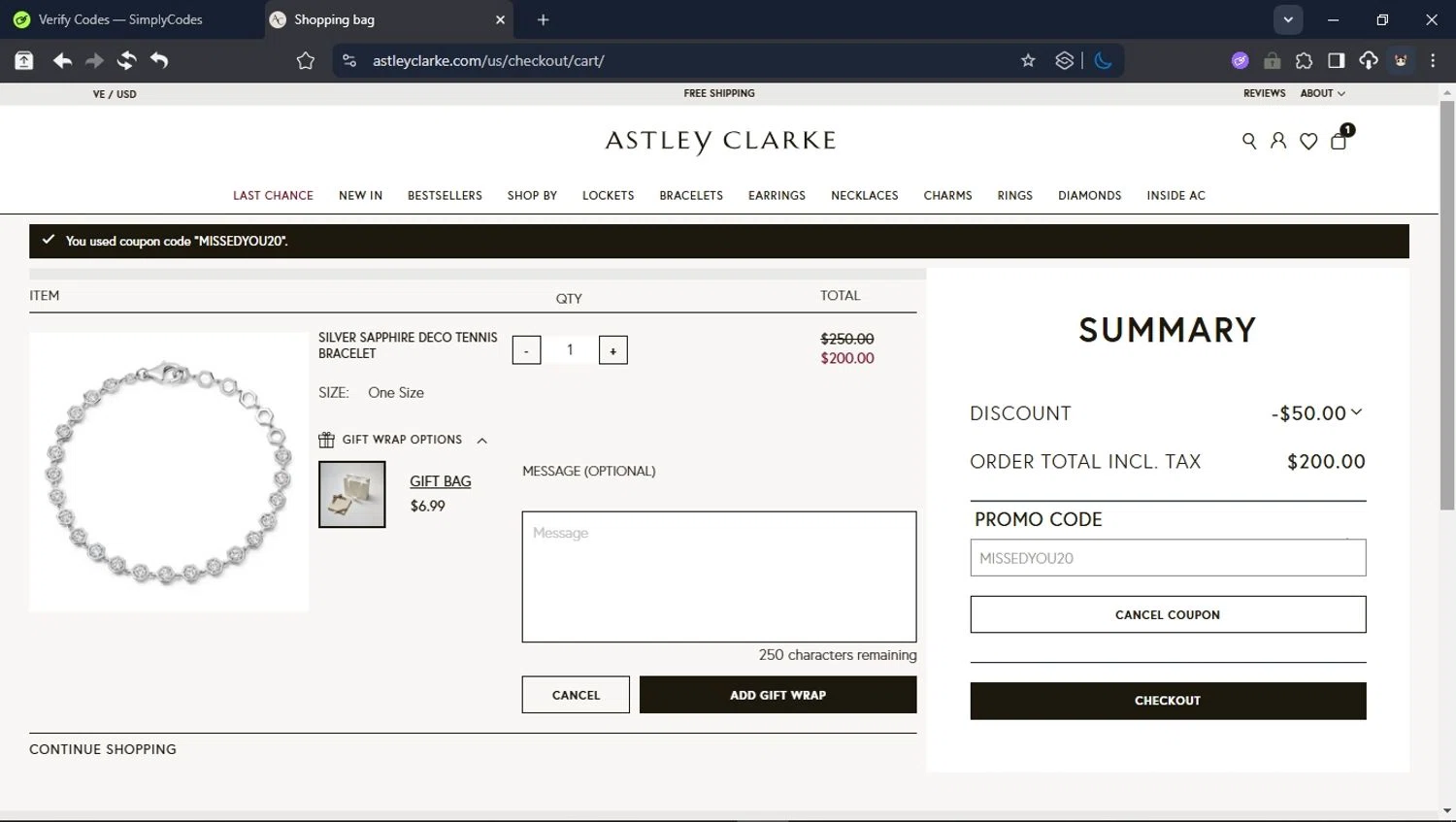 Astley Clarke promo code screenshot showing code MISSEDYOU20 applied at Astley Clarke checkout page. Uploaded by SimplyCodes community member CleverPioneer8971 on Jul 23, 2025