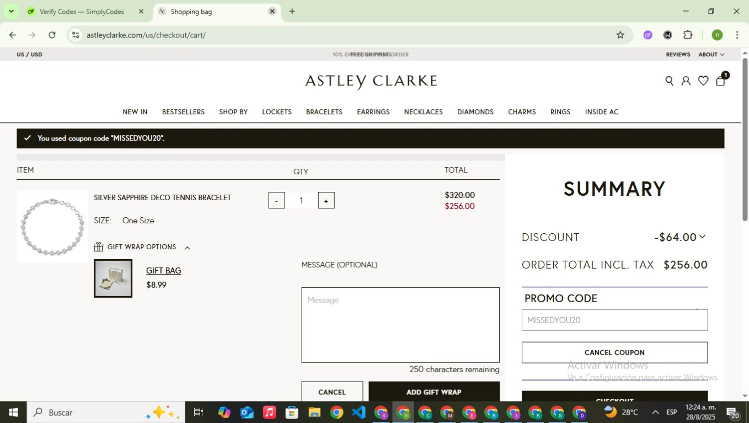 Astley Clarke promo code screenshot showing code MISSEDYOU20 applied at Astley Clarke checkout page. Uploaded by SimplyCodes community member SwiftSaver6197 on Aug 28, 2025