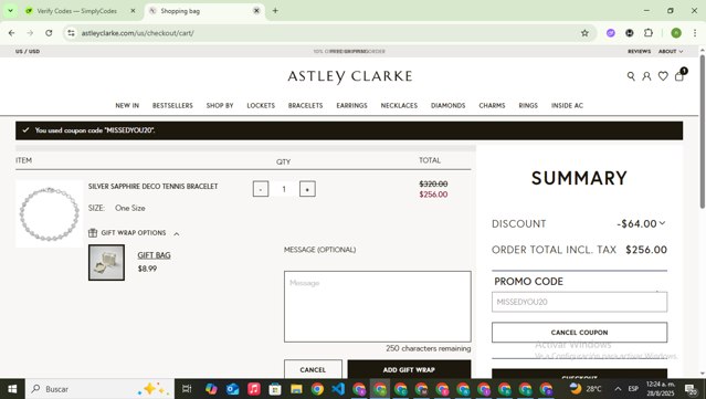 Astley Clarke checkout page showing Astley Clarke promo code box | Screenshot taken by SimplyCodes community member on Aug 28, 2025