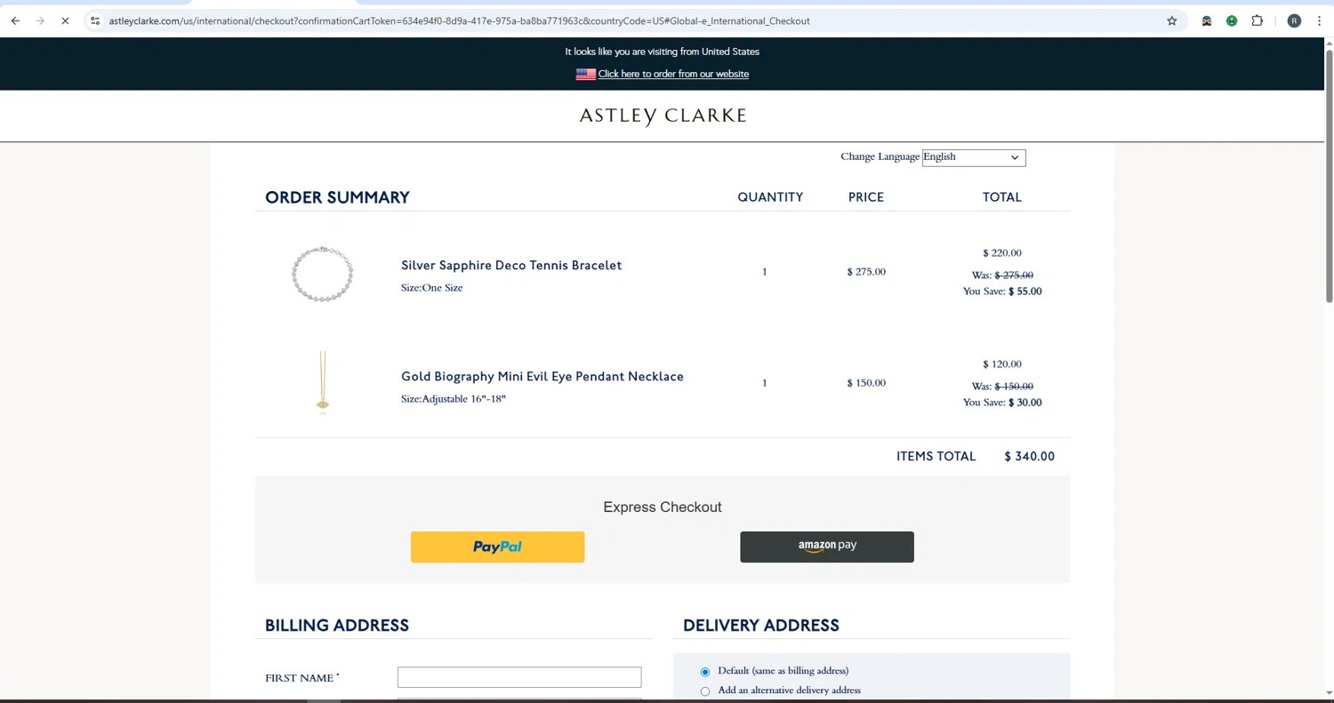Astley Clarke promo code screenshot showing code MISSEDYOU20 applied at Astley Clarke checkout page. Uploaded by SimplyCodes community member rafaelmarquez on Jul 23, 2025