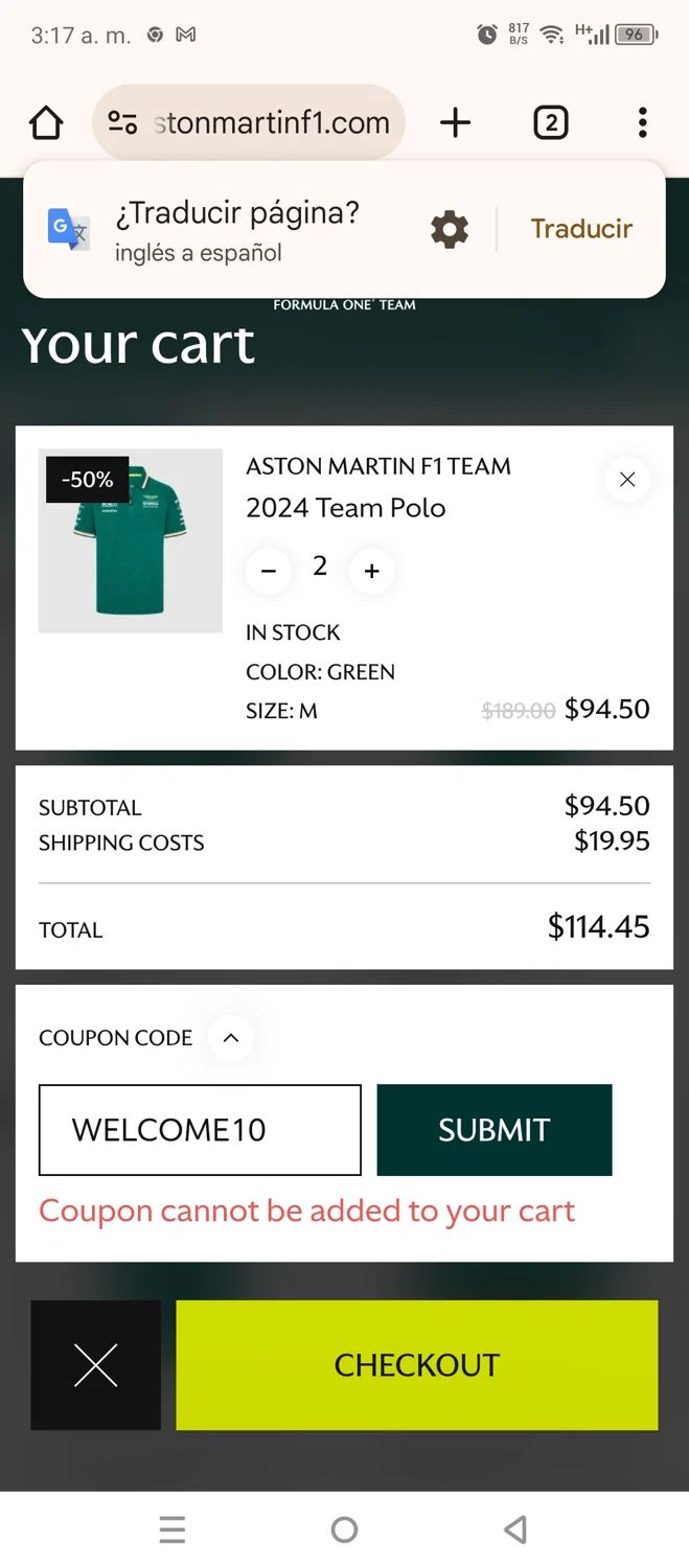 Aston Martin Cognizant F1 checkout page showing Aston Martin Cognizant F1 promo code box | Screenshot taken by SimplyCodes community member on Jan 23, 2025