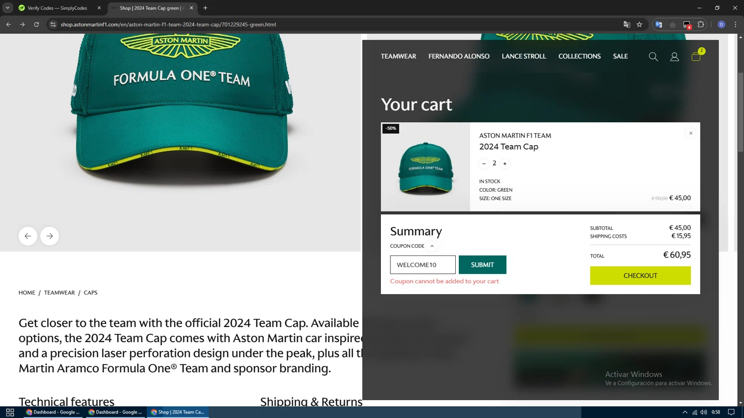 Aston Martin Cognizant F1 checkout page showing Aston Martin Cognizant F1 promo code box | Screenshot taken by SimplyCodes community member on Jan 14, 2025