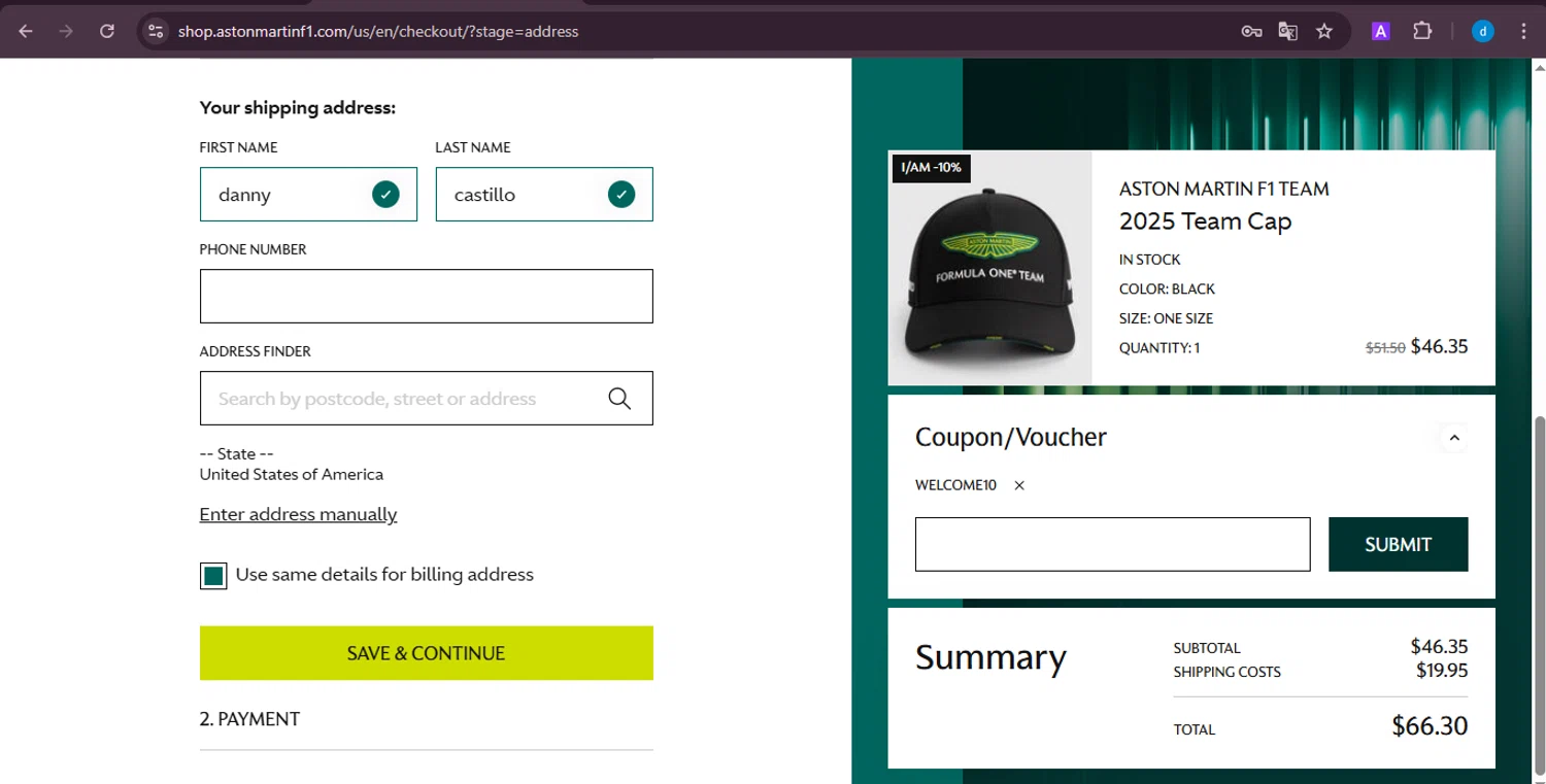 Aston Martin Cognizant F1 checkout page showing Aston Martin Cognizant F1 promo code box | Screenshot taken by SimplyCodes community member on Aug 13, 2025