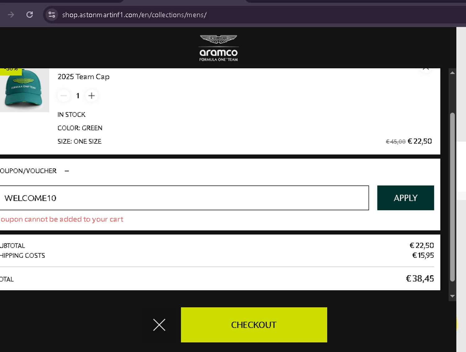 Aston Martin Cognizant F1 promo code screenshot showing code WELCOME10 applied at Aston Martin Cognizant F1 checkout page. Uploaded by SimplyCodes community member ThriftySage9769 on Feb 5, 2026