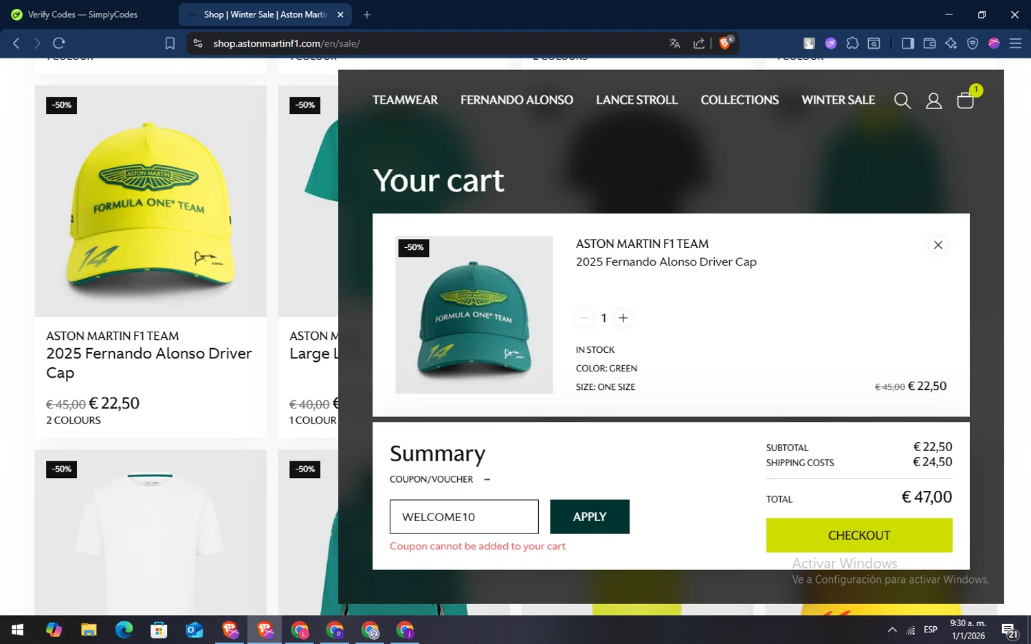 Aston Martin Cognizant F1 promo code screenshot showing code WELCOME10 applied at Aston Martin Cognizant F1 checkout page. Uploaded by SimplyCodes community member TokenSaver1205 on Jan 1, 2026