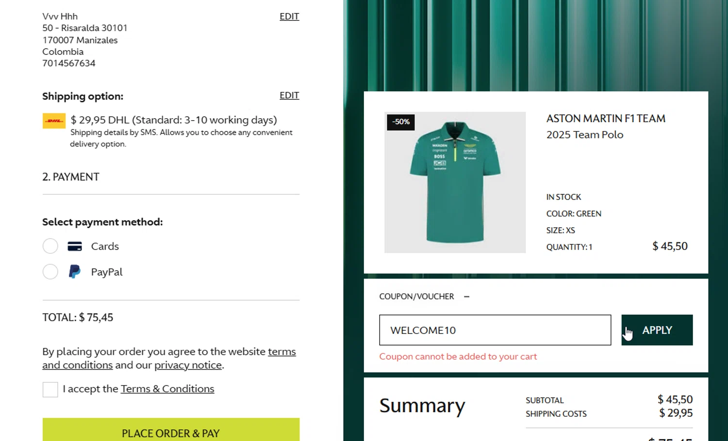 Aston Martin Cognizant F1 promo code screenshot showing code WELCOME10 applied at Aston Martin Cognizant F1 checkout page. Uploaded by SimplyCodes community member WonderW on Jan 27, 2026