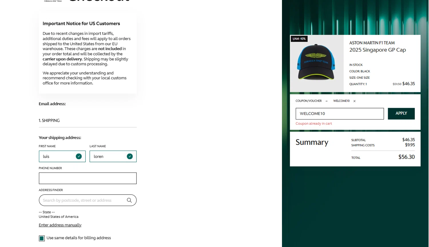 Aston Martin Cognizant F1 checkout page showing Aston Martin Cognizant F1 promo code box | Screenshot taken by SimplyCodes community member on Oct 28, 2025