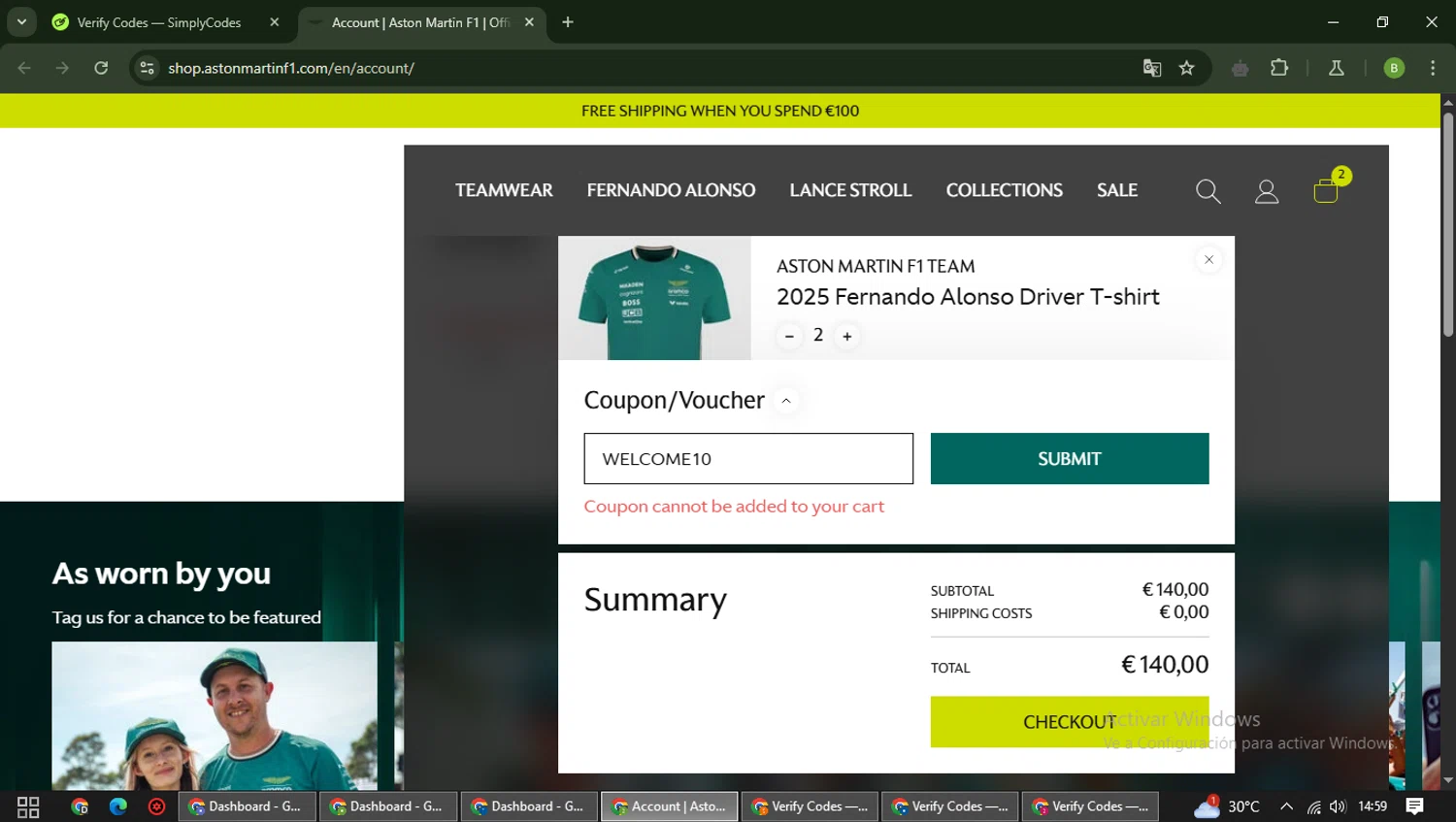 Aston Martin Cognizant F1 checkout page showing Aston Martin Cognizant F1 promo code box | Screenshot taken by SimplyCodes community member on Apr 25, 2025